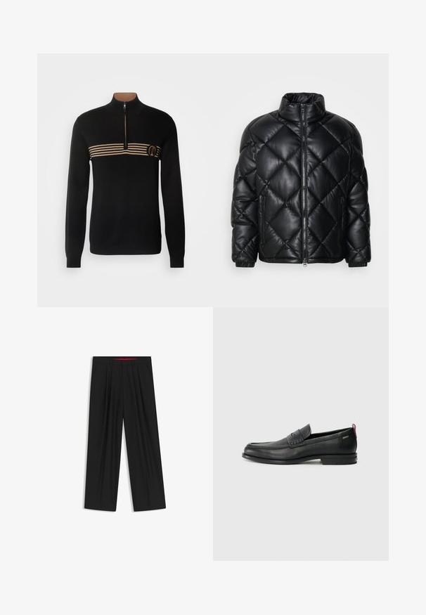 Czarna pikowana kurtka puchowa z wysokim kołnierzem, z przodu na zamek i zamykanymi kieszeniami po bokach, wykonana z gładkiego, błyszczącego materiału.; BOSS - Sweter; Czarne spodnie szerokie o płaskim przodzie, z dwoma bocznymi kieszeniami, plisowanym wzorem i kontrastującym czerwonym wnętrzem pasa.; Czarne skórzane mokasyny z teksturowanym frontem i gładkimi bokami. Posiadają smukłą podeszwę i tylną pętelkę dla łatwego zakładania. Klasyczny design.