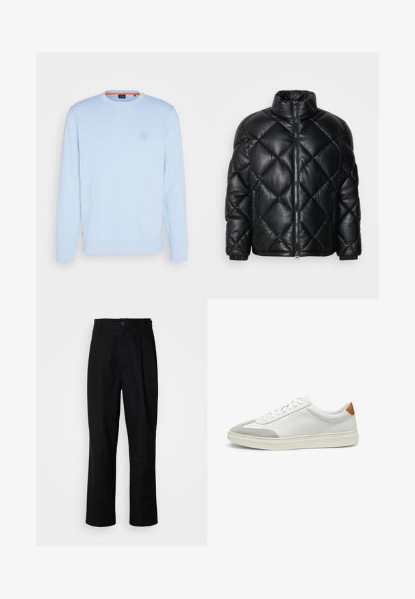 Giacca puffer nera trapuntata con colletto alto, zip frontale e tasche laterali con zip, realizzata in materiale lucido e liscio.; BOSS WESTART - Felpa - open blue; Pantaloni neri a gamba dritta con vita con bottoni, passanti per cintura e piega frontale, esposti su uno sfondo bianco semplice.; Sneakers bianchi in pelle con accenti in suede grigio e un tallone in pelle beige. Presentano una superficie testurizzata e una suola leggera.