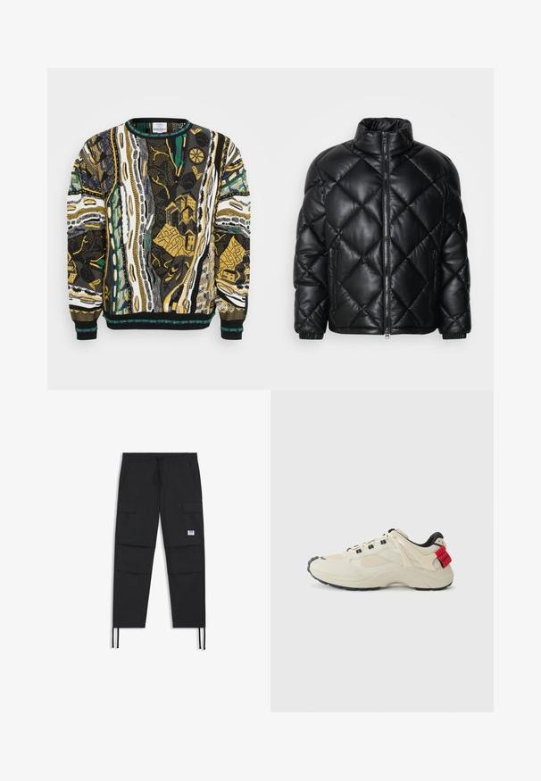 Zwarte gewatteerde pufferjack met hoge kraag, ritssluiting aan de voorkant en ritstas aan de zijkanten, gemaakt van glad, glanzend materiaal.; Gebreide trui met levendige abstracte patronen in zwart, wit, geel en groen. Ronde halslijn en ribgebreide manchetten maken het ontwerp compleet.; Zwarte cargobroek met een trekkoord in de taille, meerdere zakken, elastische manchetten en een subtiele logo patch. Gemaakt van lichte stof.; Beige sneaker met mesh- en lerenpanelen, zwarte rubberen zool, vetersluiting en rode accent op de hiel met "Hugo" branding.