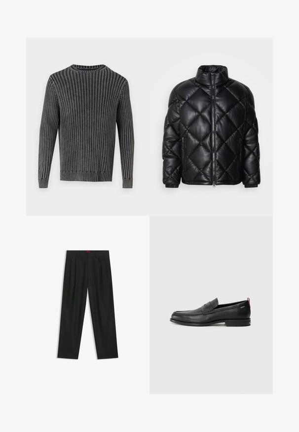 Mustat tikattu pusakka, jossa on korkea kaulus, etuvetoketju ja vetskarilla varustetut sivutaskut. Valmistettu sileästä kiiltävästä materiaalista.; Neulottu harmaa neulepaita, jossa on pystysuora ribbitekstuuri, pyöreä pääntie ja pitkät hihat. Varustettu kontrastivärisillä tummilla raitojen ja ribbireunuksilla.; Mustat housut, joissa on poimutettu muotoilu, leveä lahjetyyppi ja sileä pinta. Varustettu punaisella vyötärötagilla.; Musta nahkakengät, joissa on teksturoitu etupaneeli ja sileät sivut. Varustettu kapealla kantapäillä ja takasilmukalla helppoa pukemista varten. Klassinen muotoilu.