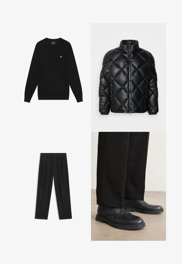 Schwarze gesteppte Puffjacke mit hohem Kragen, Frontreißverschluss und seitlichen Reißverschlusstaschen, aus glattem, glänzendem Material gefertigt.; Schwarzes Baumwoll-Sweatshirt mit langen Ärmeln und Rundhalsausschnitt. Mit einem kleinen gelben Adler-Logo auf der Brust. Weiche Textur.; Schwarze Hose mit einem gefältelten Design, weiter Beinform und glatter Textur. Verfügt über ein rotes Taillenlabel.; Schwarze Lederschuhe mit abgerundeter Zehe, flacher Sohle und minimalem Design. Kombiniert mit maßgeschneiderten schwarzen Hosen, die eine glatte Textur zeigen.