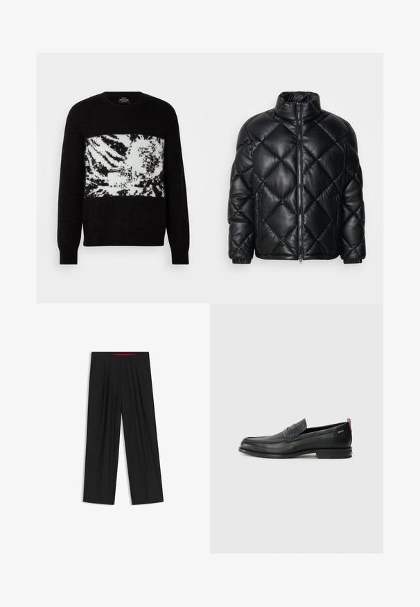 Schwarze gesteppte Puffjacke mit hohem Kragen, Frontreißverschluss und seitlichen Reißverschlusstaschen, aus glattem, glänzendem Material gefertigt.; Schwarzer Pullover mit einem weißen, abstrakten Zebra-Muster auf der Brust. Hergestellt aus weichem Material mit gerippten Bündchen und rundem Ausschnitt.; Schwarze weit geschnittene Hosen mit flachem Bund, zwei seitlichen Taschen, gefaltetem Design und einem kontrastierenden roten Innenbund.; Schwarze Lederloafers mit einem strukturierten Vorderteil und glatten Seiten. Sie verfügen über einen schmalen Absatz und eine Schlaufe an der Rückseite für einfaches Anziehen. Klassisches Design.