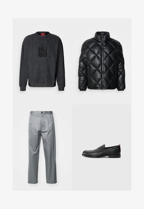 Crna jakna od pošivene pufaste tkanine s visokim ovratnikom, prednjim zatvaračem i zatvorenim bočnim džepovima, izrađena od glatkog sjajnog materijala.; Crni dukserica s prugama, rebrastog tekstura, okruglim izrezom i suptilnim logotipom "Hugo" otisnutim s prednje strane. Dugi rukavi i opušteni kroj.; Sive pamučne hlače s ravnim krojem, koje imaju prednje dugme za zatvaranje, petlje za pojas i bočne džepove.; Crne kožne loafere s teksturiranim prednjim panelom i glatkim stranama. Imaju uski petu i stražnju petlju za lakše obuvanje. Klasičan dizajn.