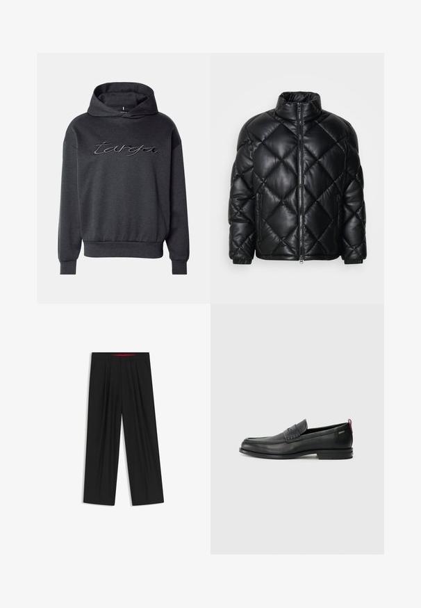 Svart quiltad pufferjacka med hög krage, framzipper och sidofickor med dragkedja, tillverkad av glatt glänsande material.; Mörkgrå hoodie-tröja gjord av mjukt tyg, med en stor, broderad logotyp i en kontrasterande nyans, med en avslappnad passform och ribbade muddar.; Svarta vida byxor med slät front, två sidofickor, veckad design och en kontrasterande röd midjeresår.; Svarta läderloafers med en texturerad frontpanel och släta sidor. Utrustade med en smal klack och en bakre ögla för enkel påtagning. Klassisk design.