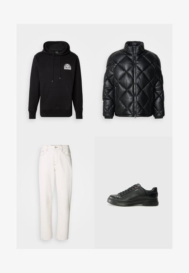 Černá prošívaná péřová bunda s vysokým límcem, předním zipem a kapsami na zip na bocích, vyrobená z hladkého lesklého materiálu.; Černá mikina s kapucí, přední kapsou, stahovacími šňůrkami a bílým logem s designem slunce. Vyrobena z měkké látky se žebrovanými manžetami.; Bílé denimové džíny s rovnými nohavicemi, se švy, kovovým zapínáním a standardním pětipocketovým provedením.; Černé kožené tenisky s texturovaným svrškem, polstrovaným límcem a červeným logem. Disponují tlustou gumovou podrážkou s výrazným vzorem.