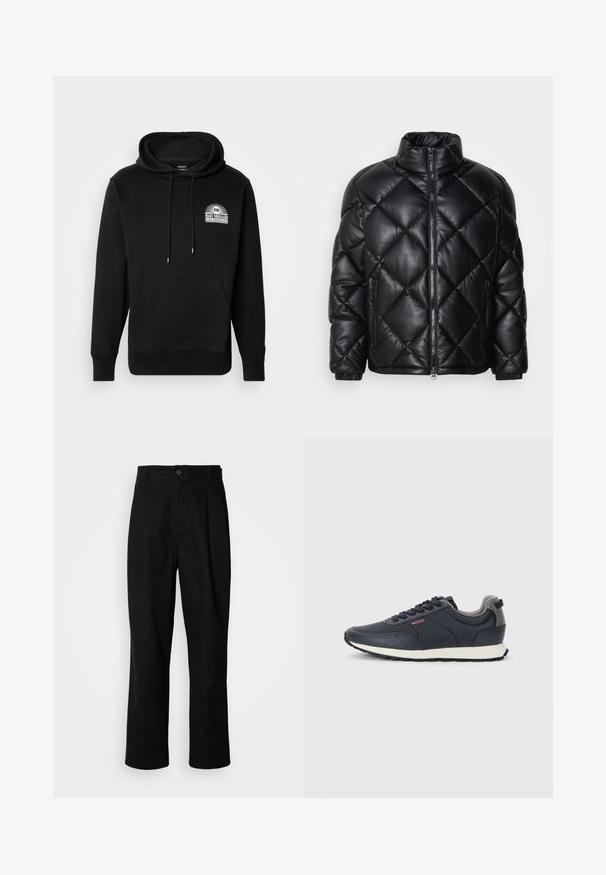 Chaqueta de plumas acolchada negra con cuello alto, cremallera frontal y bolsillos laterales con cremallera, hecha de un material suave y brillante.; Sudadera negra con bolsillo frontal, cordones y un logo blanco con un diseño de sol. Fabricada en tejido suave con puños acanalados.; Pantalones rectos negros con cintura con botones, trabillas para cinturón y pliegue frontal, exhibidos sobre un fondo blanco liso.; Zapatillas de deporte azul marino con una parte superior sintética suave, punta redondeada, detalles en gris, diseño con cordones y una entresuela blanca con una suela exterior negra texturizada.