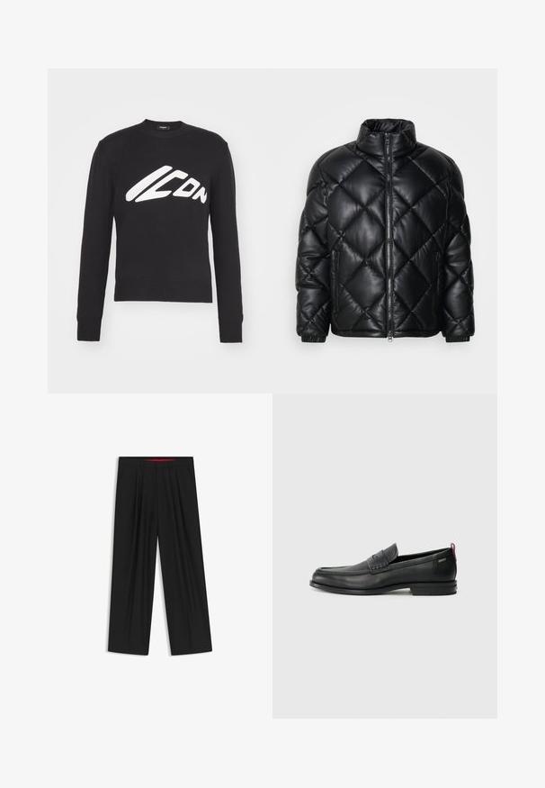 Black quilted puffer jacket with high collar, front zipper, and zippered side pockets, made of smooth shiny material.; Black knitted sweater with a round neckline, ribbed cuffs, and hem. Features a prominent white "ICON" logo in a stylized font on the front.; Black wide-leg trousers with a flat front, two side pockets, pleated design, and a contrasting red interior waistband.; Black leather loafers with a textured front panel and smooth sides. Features a slim heel and rear loop for easy wear. Classic design.