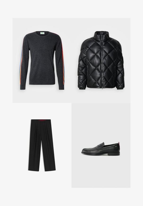 Black quilted puffer jacket with high collar, front zipper, and zippered side pockets, made of smooth shiny material.; Dark gray sweater with long sleeves, featuring rainbow stripes along the shoulders. Made of soft fabric with a crew neckline.; Black wide-leg trousers with a flat front, two side pockets, pleated design, and a contrasting red interior waistband.; Black leather loafers with a textured front panel and smooth sides. Features a slim heel and rear loop for easy wear. Classic design.