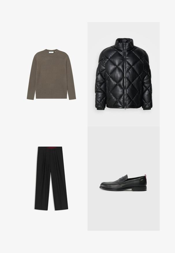 Black quilted puffer jacket with high collar, front zipper, and zippered side pockets, made of smooth shiny material.; Ribbed knit sweater in earthy brown color, featuring a crew neckline and long sleeves, with a textured finish and subtle branding tag.; Black wide-leg trousers with a flat front, two side pockets, pleated design, and a contrasting red interior waistband.; Black leather loafers with a textured front panel and smooth sides. Features a slim heel and rear loop for easy wear. Classic design.