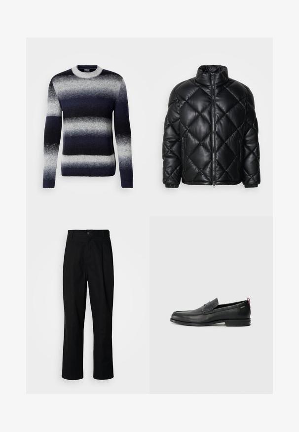 Jachetă puf cu model matlasat, de culoare neagră, cu guler înalt, fermoar frontal și buzunare laterale cu fermoar, realizată dintr-un material lucios și neted.; Pulover tricotat în albastru închis și gri, cu dungi orizontale. Guler rotund, mâneci lungi, textură moale și manșete strâmte.; Pantaloni negri cu croială dreaptă, cu talie cu nasturi, bucle pentru curea și cute pe față, prezentati pe un fundal alb simplu.; Loafers din piele neagră cu un panou frontal texturat și laterale netede. Dispune de un toc subțire și o buclă în spate pentru o purtare ușoară. Design clasic.