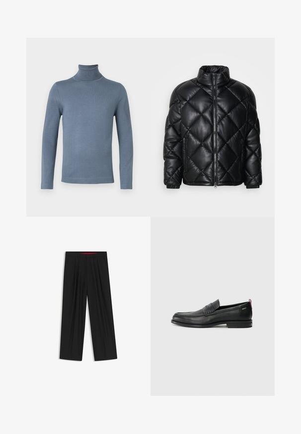 Giacca puffer nera trapuntata con colletto alto, zip frontale e tasche laterali con zip, realizzata in materiale lucido e liscio.; Maglione a collo alto maniche lunghe di un blu chiaro, con una trama a maglia liscia e un profilo aderente su uno sfondo bianco.; Pantaloni neri a gamba larga con fronte piatto, due tasche laterali, design plissettato e un elastico in vita di colore rosso a contrasto.; Mocassini in pelle nera con un pannello anteriore testurizzato e lati lisci. Presentano un tacco sottile e un anello sul retro per una vestibilità facile. Design classico.