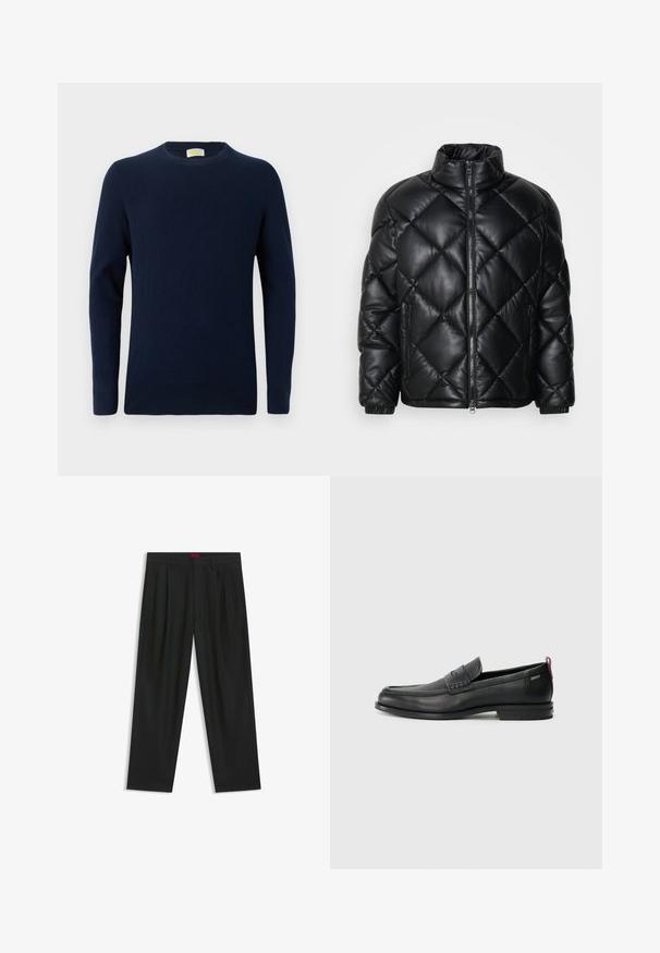 Czarna pikowana kurtka puchowa z wysokim kołnierzem, z przodu na zamek i zamykanymi kieszeniami po bokach, wykonana z gładkiego, błyszczącego materiału.; Granatowy sweter wykonany z miękkiego materiału, z okrągłym dekoltem i długimi rękawami. Prosty design z delikatnym splotem i ściągaczem na dole.; Czarne spodnie o plisowanym wzorze, szerokim kroju nogawek i gładkiej fakturze. Posiadają czerwony metek w pasie.; Czarne skórzane mokasyny z teksturowanym frontem i gładkimi bokami. Posiadają smukłą podeszwę i tylną pętelkę dla łatwego zakładania. Klasyczny design.