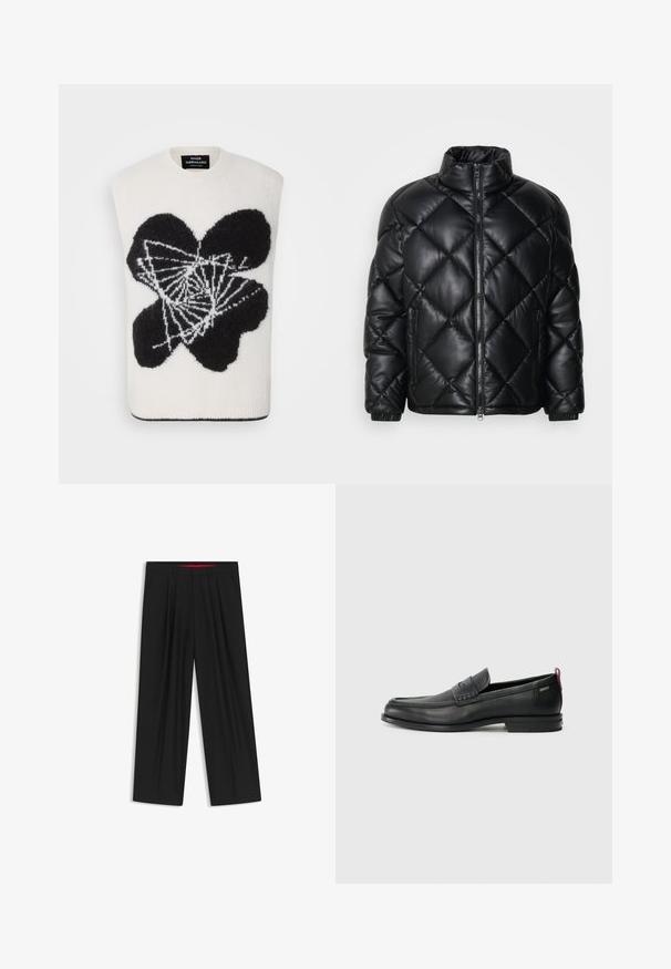 Zwarte gewatteerde pufferjack met hoge kraag, ritssluiting aan de voorkant en ritstas aan de zijkanten, gemaakt van glad, glanzend materiaal.; Mouwloze trui in crème met een zwart abstract bloemenpatroon. Gemaakt van zachte stof, met een ronde hals en een geribbelde zoom.; Zwarte wijde broek met een vlakke voorkant, twee zijzakken, geplooid ontwerp en een contrasterende rode binnenband.; Zwarte leren instappers met een textuur aan de voorkant en gladde zijden. Voorzien van een slanke hak en een lus aan de achterkant voor gemakkelijk aan- en uittrekken. Klassiek ontwerp.