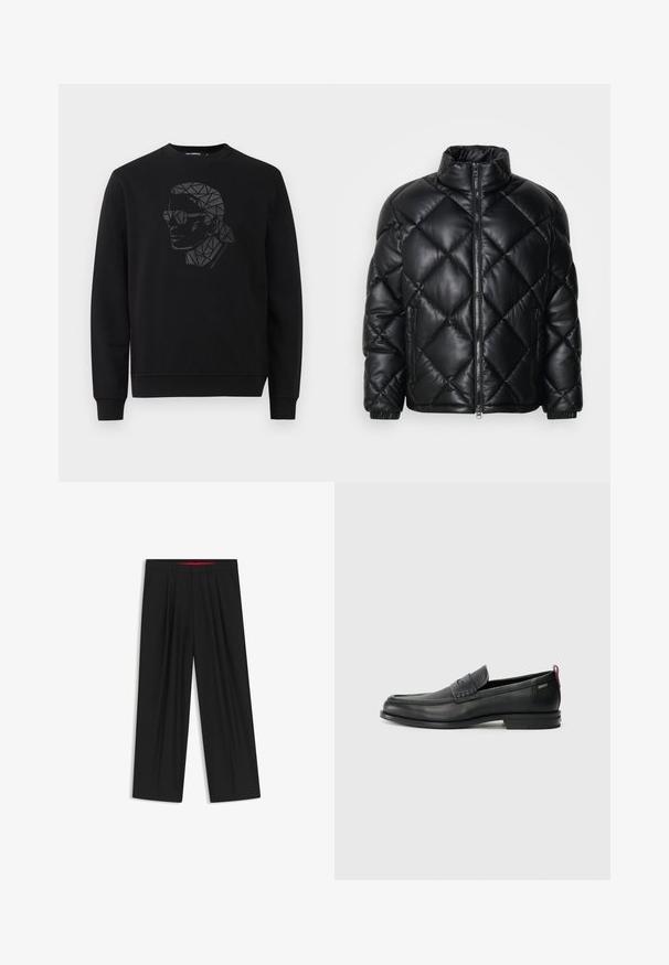 Black quilted puffer jacket with high collar, front zipper, and zippered side pockets, made of smooth shiny material.; Black sweatshirt with a round neckline and long sleeves. Features a geometric black and gray portrait design on the front.; Black wide-leg trousers with a flat front, two side pockets, pleated design, and a contrasting red interior waistband.; Black leather loafers with a textured front panel and smooth sides. Features a slim heel and rear loop for easy wear. Classic design.
