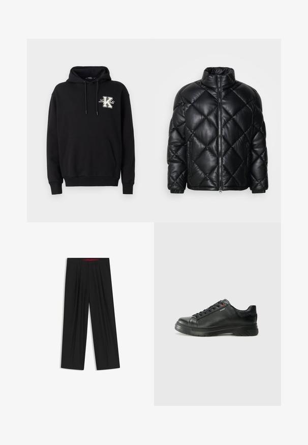 Giacca puffer nera trapuntata con colletto alto, zip frontale e tasche laterali con zip, realizzata in materiale lucido e liscio.; Felpa nera con cappuccio regolabile, tasca frontale a marsupio, polsini a coste e una grande ricamo della lettera "K" in bianco e beige sul petto.; Pantaloni neri a gamba larga con fronte piatto, due tasche laterali, design plissettato e un elastico in vita di colore rosso a contrasto.; Sneaker nera in pelle con superficie testurizzata, collo imbottito e dettaglio logo rosso. Presenta una suola in gomma spessa con un motivo di battistrada distintivo.