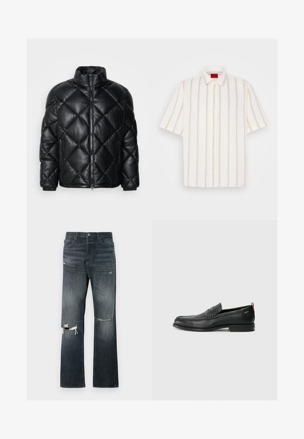 Čierna prešívaná zateplená bunda s vysokým golierom, predným zipsom a zipsovými bočnými vreckami, vyrobená z hladkého lesklého materiálu.; Košeľa s krátkym rukávom, na gombíky, biela s vertikálnymi pruhmi v svetlo šedej a pastelových odtieňoch, s tradičným golierom a mäkkou štruktúrou.; Džínsy v tmavom prania s voľným strihom, s dvoma roztrhnutými kolenami, štandardným zapínaním na gombík a dizajnom s piatimi vreckami.; Čierne kožené mokasíny s textúrovaným predným panelom a hladkými bokmi. Majú úzky podpätok a zadný pútko pre jednoduché obúvanie. Klasický dizajn.
