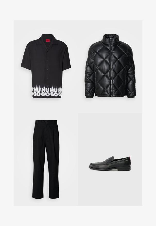 Giacca puffer nera trapuntata con colletto alto, zip frontale e tasche laterali con zip, realizzata in materiale lucido e liscio.; Maglietta nera a maniche corte con chiusura a bottoni, caratterizzata da un design grafico bianco e grigio all'orlo, con la scritta "HU GO" in un motivo a fiamma.; Pantaloni neri a gamba dritta con vita con bottoni, passanti per cintura e piega frontale, esposti su uno sfondo bianco semplice.; Mocassini in pelle nera con un pannello anteriore testurizzato e lati lisci. Presentano un tacco sottile e un anello sul retro per una vestibilità facile. Design classico.