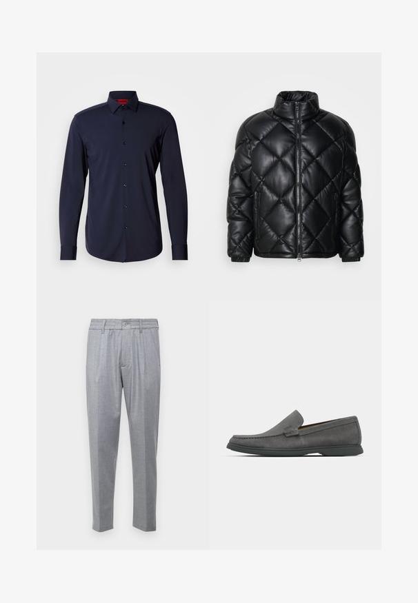 Svart quiltet pufferjakke med høy krage, frontglidelås og glidelåslommer på sidene, laget av glatt, skinnende materiale.; Mørkeblå langermet skjorte med knapper laget av glatt stoff, med sprekkekrage, svarte knapper og mansjetter med en strømlinjeformet passform.; Lys grå bukser med teksturert stoff, med folder, klassisk midje og smalere ben. Knapplukking foran.; Grå semsket skinn loff med rund tå, stikning detaljer, og en lav gummisåle. Har et slip-on design uten synlig maskinvare.
