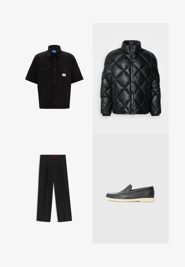 Sort quiltet pufferjakke med høj krave, frontlynlås og lynlåslommer i siden, lavet af glat, blankt materiale.; Sort kortærmet skjorte med struktureret krave, to forlommer, knaplukning og et lille blåt og hvidt logo på venstre side.; Sorte brede bukser med flad front, to sidelommer, plisseret design og en kontrastfarvet rød inderside på linningen.; Sorte læder slip-on loafers med en struktureret overflade og en kontrasterende beige gummisål. Har en subtil detalje langs forsiden.