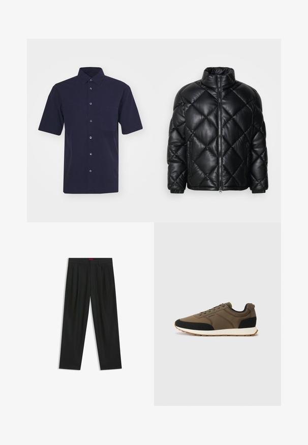 Giacca puffer nera trapuntata con colletto alto, zip frontale e tasche laterali con zip, realizzata in materiale lucido e liscio.; Camicia corta blu scuro realizzata in un tessuto dalla texture liscia. Presenta un colletto classico, chiusura con bottoni e una tasca sul petto.; Pantaloni neri con un design plissè, forma a gamba larga e texture liscia. Presentano un'etichetta rossa in vita.; Sneakers da uomo caratterizzati da una combinazione di materiali sintetici verde oliva e neri, pannelli testurizzati e una suola in gomma bianca con un motivo di trazione.