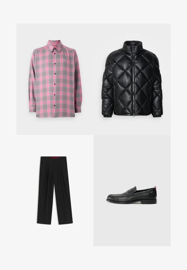 Doudoune noire matelassée avec col haut, fermeture éclair sur le devant et poches latérales zippées, fabriquée en matériau lisse et brillant.; Chemise à carreaux gris à boutons avec des accents roses, manches longues, col classique et un logo sur la poitrine supérieure gauche.; Pantalons larges noirs avec une taille plate, deux poches latérales, un design plissé et une ceinture intérieure contrastante rouge.; Mocassins en cuir noir avec un panneau avant texturé et des côtés lisses. Équipés d'un talon fin et d'une boucle à l'arrière pour un enfilage facile. Design classique.