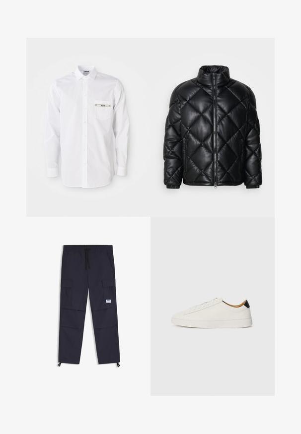Chaqueta de plumas acolchada negra con cuello alto, cremallera frontal y bolsillos laterales con cremallera, hecha de un material suave y brillante.; Camisa blanca de manga larga fabricada en algodón. Presenta un cierre frontal de botones, cuello en punta y un pequeño bolsillo con marca en el pecho.; Pantalones cargo de la marina hechos de un tejido ligero, con cintura elástica, cordón, múltiples bolsillos y cremalleras en los tobillos.; Zapatilla blanca con parte superior de cuero suave, punta redonda y suela plana. Acento negro en el talón, con cordones tonales y un branding minimalista.