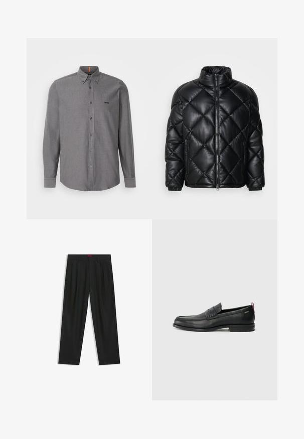 Schwarze gesteppte Puffjacke mit hohem Kragen, Frontreißverschluss und seitlichen Reißverschlusstaschen, aus glattem, glänzendem Material gefertigt.; Graues Langarmhemd mit Knopfleiste, aus Baumwollmischung, mit spitzem Kragen, Brusttasche und Logo auf der Brust. Es hat einen abgerundeten Saum und Knopfmanschetten.; Schwarze Hose mit einem gefältelten Design, weiter Beinform und glatter Textur. Verfügt über ein rotes Taillenlabel.; Schwarze Lederloafers mit einem strukturierten Vorderteil und glatten Seiten. Sie verfügen über einen schmalen Absatz und eine Schlaufe an der Rückseite für einfaches Anziehen. Klassisches Design.