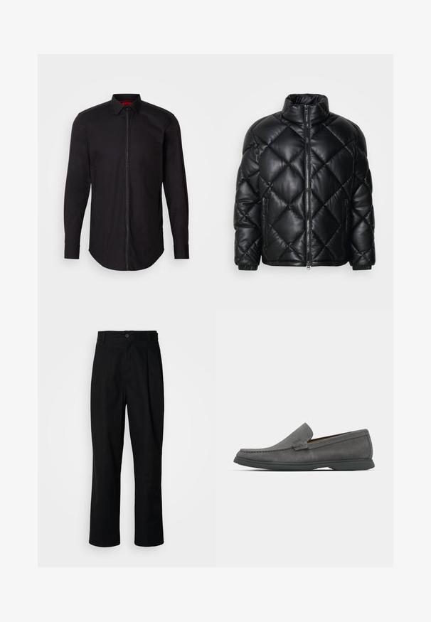 Svart quiltet pufferjakke med høy krage, frontglidelås og glidelåslommer på sidene, laget av glatt, skinnende materiale.; Svart skjorte med lange ermer, glidelås foran, knappelukking på kragen og buet nederkant. Glatt stoff med minimale detaljer og rødt fôr.; Sorte bukser med rette ben, med knappet liv, belteholdere og frontfold, vist mot en enkel hvit bakgrunn.; Grå semsket skinn loff med rund tå, stikning detaljer, og en lav gummisåle. Har et slip-on design uten synlig maskinvare.