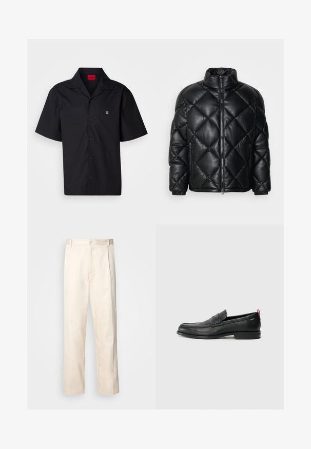 Mustmust koonusjakk kõrge kraega, esiküljel lukuga ja külgedel lukuga taskud, valmistatud siledast siidisest materjalist.; Lühikeste varrukatega must särk, valmistatud puuvillast. Omab teravat krae, ees nupuga kinnitust ja väikest logo vasakul rinnal. Sile tekstuur.; Beesidised puuvillased püksid sirge jala lõikega, mis on varustatud nööpkinnituse ja ees olevate voltidega, et lisada detaili.; Mustad mustad nahast loafers tekstuuriga esipaneeli ja siledate külgedega. Omab peent kand ja tagumist silmust lihtsaks selga panemiseks. Klassikaline disain.