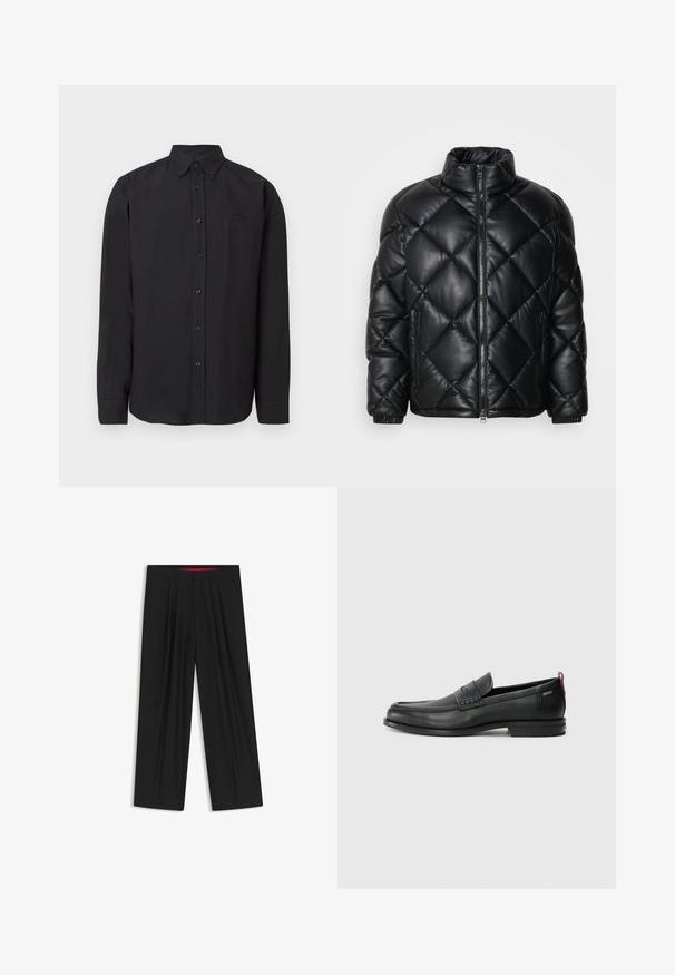 Zwarte gewatteerde pufferjack met hoge kraag, ritssluiting aan de voorkant en ritstas aan de zijkanten, gemaakt van glad, glanzend materiaal.; Zwart shirt met lange mouwen en een button-down kraag, gemaakt van gladde stof met een subtiel logo. Voorzien van knopen aan de voorkant en manchetten aan de mouwen.; Zwarte wijde broek met een vlakke voorkant, twee zijzakken, geplooid ontwerp en een contrasterende rode binnenband.; Zwarte leren instappers met een textuur aan de voorkant en gladde zijden. Voorzien van een slanke hak en een lus aan de achterkant voor gemakkelijk aan- en uittrekken. Klassiek ontwerp.