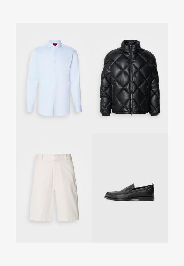 Fekete steppelt pufi dzseki magas gallérral, elülső cipzárral és cipzáras oldalsó zsebekkel, sima, fényes anyagból készült.; Világoskék, hosszú ujjú, gombos ing, széles gallérral, lekerekített szegéllyel és fehér gombokkal. Simaszerű anyag, amely finom fényt hordoz.; Fehér pamut rövidnadrág laza szabással, két elülső zsebbel, cipzáras nyitással és sima textúrával. Tiszta, egyszerű dizájn minta nélkül.; Fekete bőrcipők, texturált elülső részel és sima oldalakkal. Karcsú sarokkal és hátsó hurkkal könnyű felvételhez. Klasszikus dizájn.