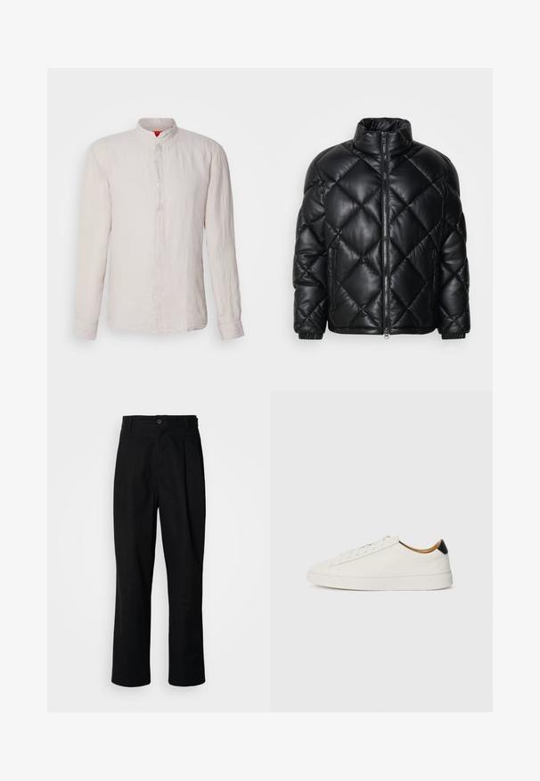 Chaqueta de plumas acolchada negra con cuello alto, cremallera frontal y bolsillos laterales con cremallera, hecha de un material suave y brillante.; HUGO ELVORY - Camisa - light/pastel grey; Pantalones rectos negros con cintura con botones, trabillas para cinturón y pliegue frontal, exhibidos sobre un fondo blanco liso.; Zapatilla blanca con parte superior de cuero suave, punta redonda y suela plana. Acento negro en el talón, con cordones tonales y un branding minimalista.