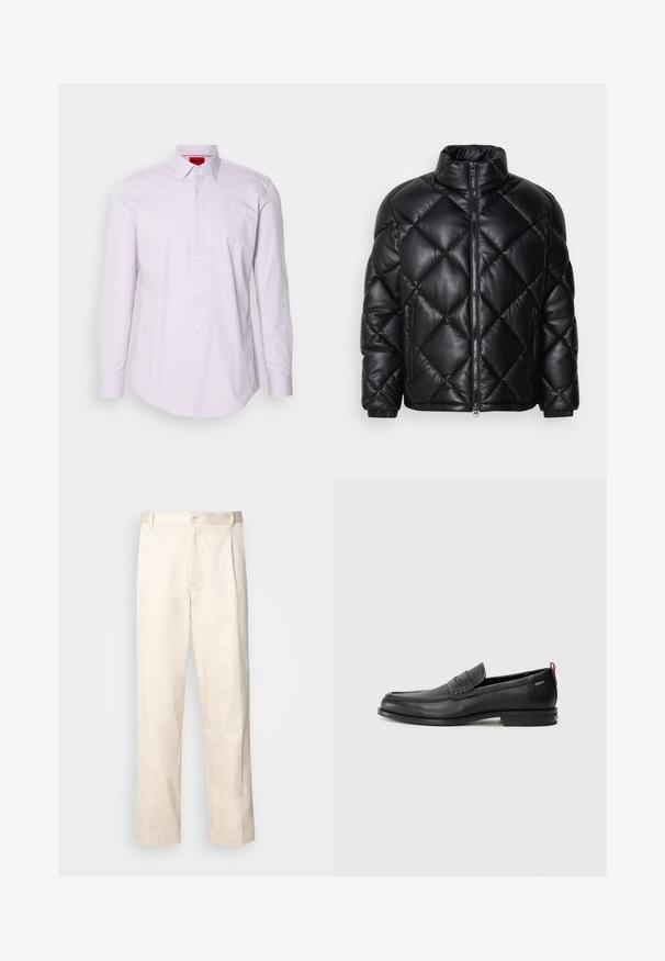 Doudoune noire matelassée avec col haut, fermeture éclair sur le devant et poches latérales zippées, fabriquée en matériau lisse et brillant.; Chemise à manches longues de couleur lilas avec un col boutonné, fabriquée en tissu lisse, dotée de boutons blancs et d'un logo rouge à l'intérieur du col.; Pantalon en coton beige avec une coupe droite, présentant une fermeture à bouton et des plis sur le devant pour plus de détails.; Mocassins en cuir noir avec un panneau avant texturé et des côtés lisses. Équipés d'un talon fin et d'une boucle à l'arrière pour un enfilage facile. Design classique.