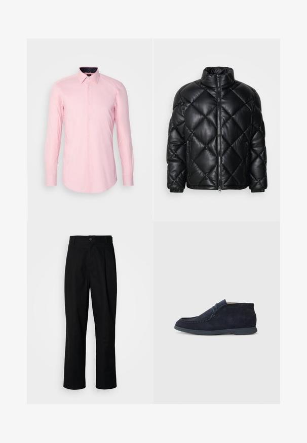 Juodas kvadratinis pūkų paltas su aukštu apykakle, priekiniais užtrauktukais ir užtrauktukinėmis šoninėmis kišenėmis, pagamintas iš lygaus blizgaus medžiagos.; Šviesiai rožinė marškinė su ilgomis rankovėmis, pagaminta iš lygaus audinio. Yra smailus apykaklė ir raštuota vidinė apykaklės detalė.; Juodas tiesus kojų kelnes su sagomis juosmenyje, diržo kilpomis ir priekine raukšle, parodytas prieš paprastą baltą foną.; Jūros laivyno zomšiniai chukka batai su apvaliu nosiu ir siuvinėjimo detalėmis. Savybės: lygus gumos padas ir minimalistinis dizainas be matomo prekės ženklo.