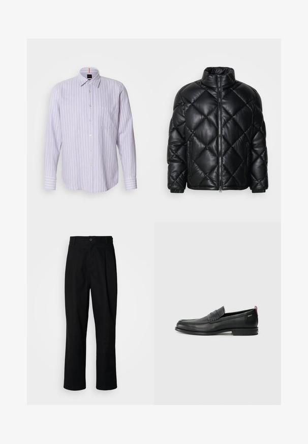 Schwarze gesteppte Puffjacke mit hohem Kragen, Frontreißverschluss und seitlichen Reißverschlusstaschen, aus glattem, glänzendem Material gefertigt.; Hellblau gestreiftes Hemd mit button-down Kragen, langen Ärmeln und einer Tasche auf der linken Brust. Verfügt über ein dezentes Logo-Detail.; Schwarze gerade geschnittene Hosen mit einem Knopfverschluss, Gürtelschlaufen und Vorderfalten, vor einem schlichten weißen Hintergrund präsentiert.; Schwarze Lederloafers mit einem strukturierten Vorderteil und glatten Seiten. Sie verfügen über einen schmalen Absatz und eine Schlaufe an der Rückseite für einfaches Anziehen. Klassisches Design.