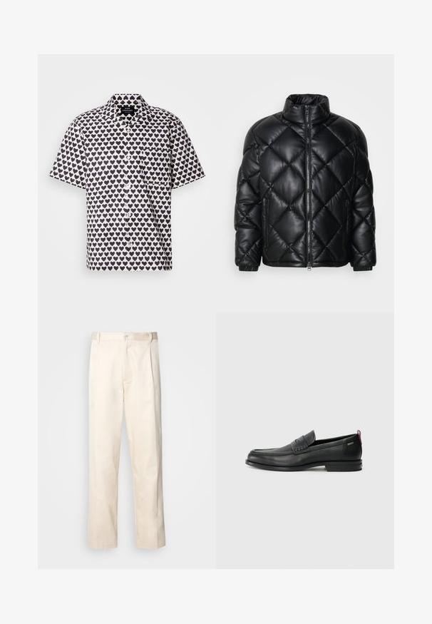 Mustmust koonusjakk kõrge kraega, esiküljel lukuga ja külgedel lukuga taskud, valmistatud siledast siidisest materjalist.; Lühikeste varrukatega valge särk, millel on tumesinised südame mustrid. Omab nööbiga esiotsa, kraed ja vasakul rinnal taskut.; Beesidised puuvillased püksid sirge jala lõikega, mis on varustatud nööpkinnituse ja ees olevate voltidega, et lisada detaili.; Mustad mustad nahast loafers tekstuuriga esipaneeli ja siledate külgedega. Omab peent kand ja tagumist silmust lihtsaks selga panemiseks. Klassikaline disain.