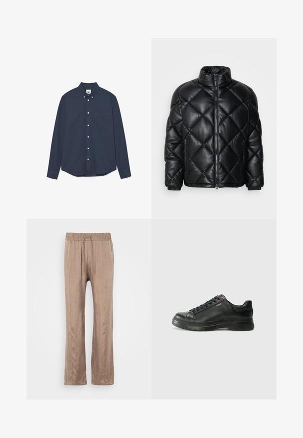 Mustat tikattu pusakka, jossa on korkea kaulus, etuvetoketju ja vetskarilla varustetut sivutaskut. Valmistettu sileästä kiiltävästä materiaalista.; Tummansininen pitkähihaisen napillinen paita, jossa on etutasku ja pieni brodeerattu logo taskussa ja kaulussirkkeliin.; Vaaleanruskeat, leveälahkeiset housut, jotka on valmistettu sileästä kankaasta. Housuissa on joustava vyötärö, jossa on naru, ja kaksi etuoseen käännettyä viivaa.; Musta nahkakengät, joissa on teksturoidun pinnan, pehmustettu kaulus ja punainen logo. Kengissä on paksu kumipohja, jossa on selkeä uramalli.