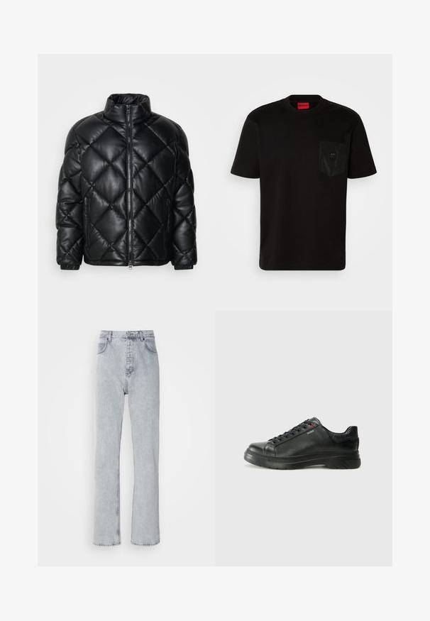 Black quilted puffer jacket with high collar, front zipper, and zippered side pockets, made of smooth shiny material.; Black short-sleeve t-shirt made of cotton, featuring a textured black pocket with a logo detail and a round neckline.; Light gray denim jeans with a straight leg design, high waist, five-pocket styling, and visible stitching detail.; Black leather sneaker with textured upper, padded collar, and red logo detail. Features a thick rubber sole with distinct tread pattern.