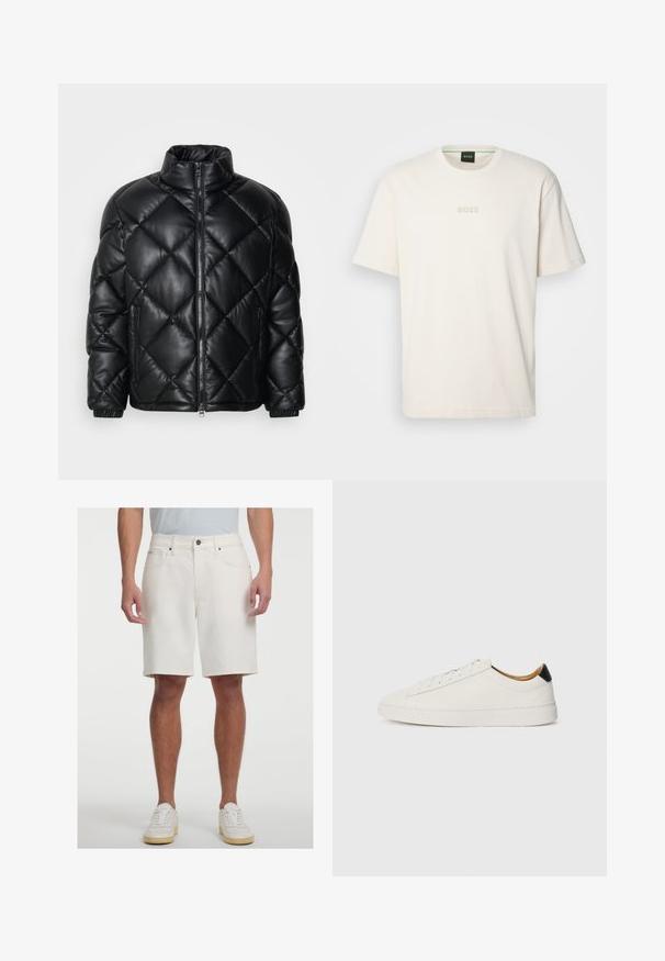 Chaqueta de plumas acolchada negra con cuello alto, cremallera frontal y bolsillos laterales con cremallera, hecha de un material suave y brillante.; BOSS TEE - Camiseta básica - open white; Shorts de mezclilla blanca con corte recto, diseño de cinco bolsillos y cierre frontal con botón. Textura suave y largo hasta la rodilla.; Zapatilla blanca con parte superior de cuero suave, punta redonda y suela plana. Acento negro en el talón, con cordones tonales y un branding minimalista.