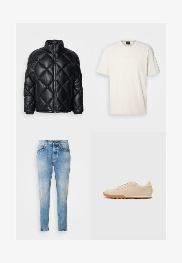 Doudoune noire matelassée avec col haut, fermeture éclair sur le devant et poches latérales zippées, fabriquée en matériau lisse et brillant.; BOSS TEE - T-shirt basique - open white; Jean en denim bleu clair avec un lavage délavé, design à jambes droites, cinq poches et une fermeture à bouton métallique. Effet de décoloration subtil au niveau des hanches.; Baskets en daim beige au design épuré, présentant une tige texturée, un bout rond et une semelle en caoutchouc avec un motif en zigzag.