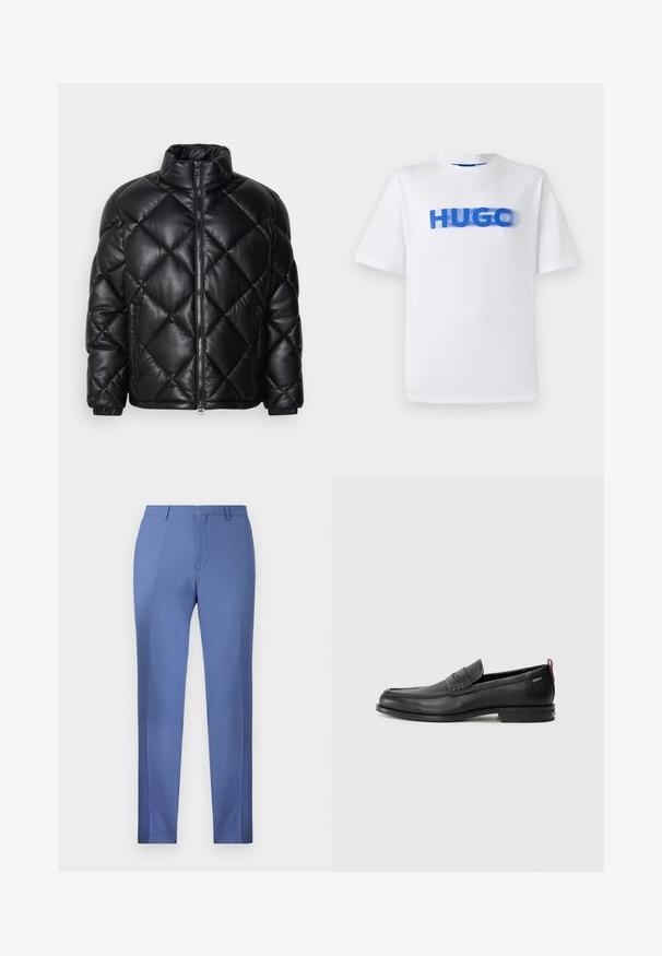 Svart quiltad pufferjacka med hög krage, framzipper och sidofickor med dragkedja, tillverkad av glatt glänsande material.; Vit bomullströja med rund halsringning, som har en stor blå grafisk text med ordet "HUGO" på framsidan, med en lätt suddig effekt.; Ljusblå skräddarsydda byxor med en slät textur, som har skarpa veck, en platt framsida och inga synliga fickor eller utsmyckningar.; Svarta läderloafers med en texturerad frontpanel och släta sidor. Utrustade med en smal klack och en bakre ögla för enkel påtagning. Klassisk design.