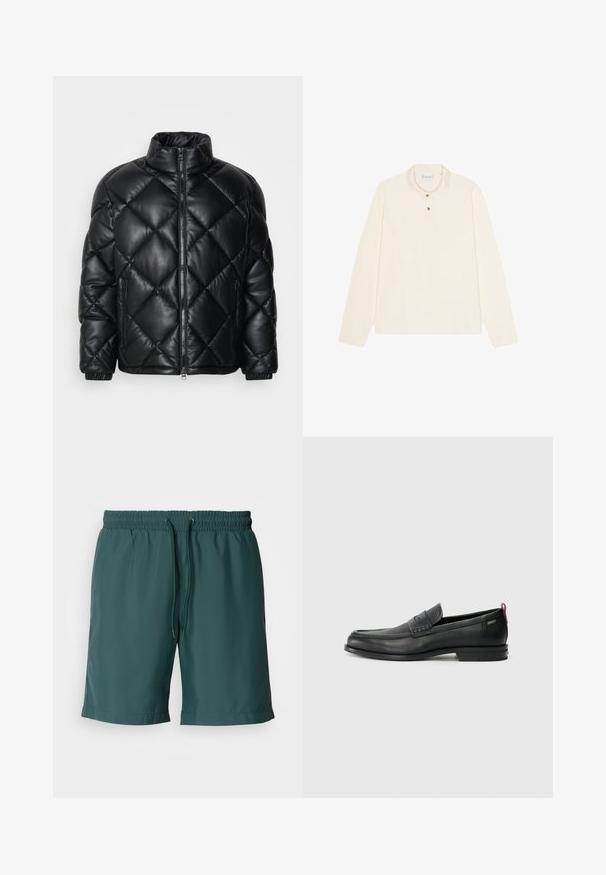 Chaqueta de plumas acolchada negra con cuello alto, cremallera frontal y bolsillos laterales con cremallera, hecha de un material suave y brillante.; Polo de manga larga en color crema, con cuello plano, tapeta de tres botones con botones en tono dorado y una tela suave y texturizada.; Pantalones cortos verdes, ligeros, con una cintura elástica y cordón, que presentan una textura suave y bolsillos laterales para mayor comodidad.; Mocasines de cuero negro con un panel frontal texturizado y laterales lisos. Presenta un tacón delgado y un lazo trasero para facilitar su uso. Diseño clásico.