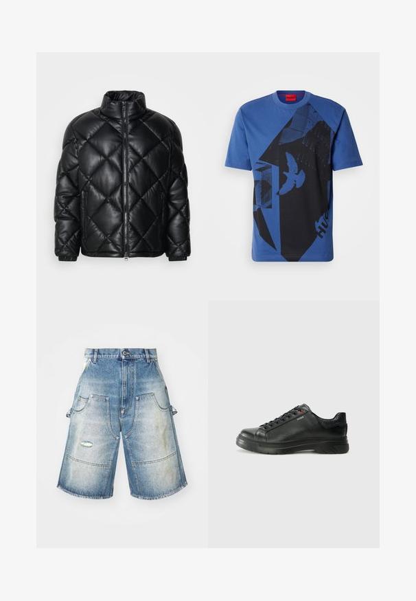 Mustat tikattu pusakka, jossa on korkea kaulus, etuvetoketju ja vetskarilla varustetut sivutaskut. Valmistettu sileästä kiiltävästä materiaalista.; Sininen puuvillapaita, jossa on pyöreä kaula-aukko ja musta graafinen kuvio, johon kuuluu muotoja ja lintuja, sekä punainen etiketti kaula-aukon kohdalla.; Farkku-shortsit haalistuneessa vaaleansinisessä värissä, joissa on neljä taskua, kulutusefekti ja leveä, suora leikkaus. Vahvistettu saumaus.; Musta nahkakengät, joissa on teksturoidun pinnan, pehmustettu kaulus ja punainen logo. Kengissä on paksu kumipohja, jossa on selkeä uramalli.