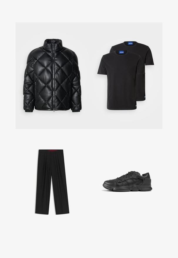 Schwarze gesteppte Puffjacke mit hohem Kragen, Frontreißverschluss und seitlichen Reißverschlusstaschen, aus glattem, glänzendem Material gefertigt.; Zwei schwarze Baumwoll-T-Shirts mit Rundhals, kurzen Ärmeln und blauen "HUGO"-Labels an den Kragen und seitlichen Säumen.; Schwarze weit geschnittene Hosen mit flachem Bund, zwei seitlichen Taschen, gefaltetem Design und einem kontrastierenden roten Innenbund.; Schwarze Sneakers aus Leder mit strukturierter Oberfläche, abgerundeter Spitze, Schnürsenkeln und einer dicken Gummisohle für Unterstützung.