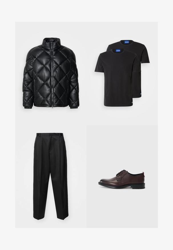 Čierna prešívaná zateplená bunda s vysokým golierom, predným zipsom a zipsovými bočnými vreckami, vyrobená z hladkého lesklého materiálu.; Dvoje čiernych bavlnených tričiek s okrúhlym výstrihom, krátkymi rukávmi a modrými nálepkami "HUGO" na golieroch a bočných lemoch.; Čierne stiahnuté nohavice s vysokým pásom, širokými nohavicami a ostrými záhybmi. Vyrobené z hladkej látky s pútkami na opasok a bez viditeľných kovových prvkov.; Hnedé kožené spoločenské topánky s viazacími šnúrkami, zaoblenou špičkou a kontrastnou čiernou podrážkou. Obsahujú jemný opätok a embosované logo na boku.