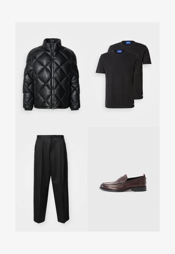 Černá prošívaná péřová bunda s vysokým límcem, předním zipem a kapsami na zip na bocích, vyrobená z hladkého lesklého materiálu.; Dvě černé bavlněné trička s kulatými výstřihy, krátkými rukávy a modrými štítky "HUGO" na límci a bočních lemech.; Černé kalhoty na míru s vysokým pasem, širšími nohavicemi a ostrými záhyby. Vyrobené z hladkého materiálu s poutky na opasek a bez viditelného kovu.; Hnědé kožené mokasíny s kulatou špičkou, šitými detaily a malým červeným akcentem na patě. Plná gumová podešev.