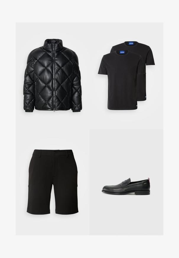 Black quilted puffer jacket with high collar, front zipper, and zippered side pockets, made of smooth shiny material.; Two black cotton T-shirts with round necklines, short sleeves, and blue "HUGO" labels on the collars and side hems.; Black shorts made of soft fabric with a tailored design, featuring a front button closure and two side pockets. Hem is turned up slightly.; Black leather loafers with a textured front panel and smooth sides. Features a slim heel and rear loop for easy wear. Classic design.