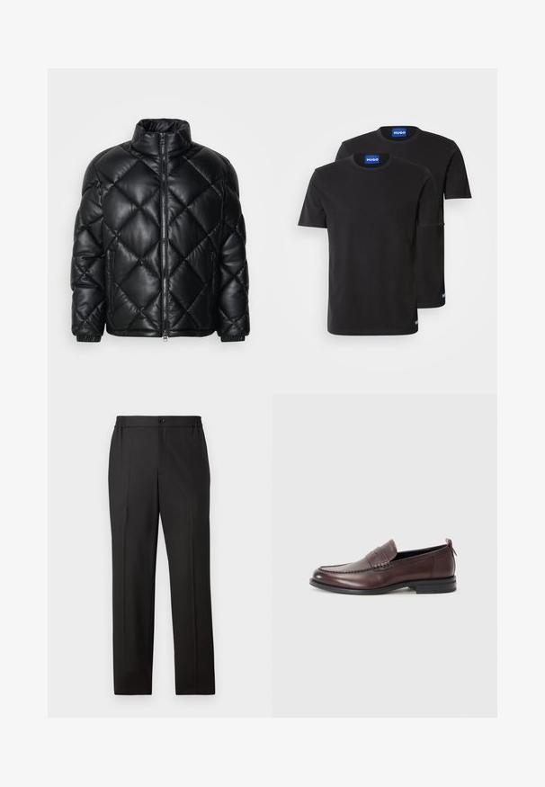 Črna prešita jakna s kapuco, z visokim ovratnikom, sprednjim zadrgo in stranskimi žepi z zadrgo, izdelana iz gladkega sijajnega materiala.; Dve črne bombažne majice s kratkimi rokavi in okroglim izrezom, z modrimi oznakami "HUGO" na ovratnikih in stranskih robovih.; Črne hlače s ravno krojem, elastičnim pasom z gumbom, ravnim sprednjim delom in gladko teksturo tkanine.; Rjave usnjene loafer čevlje z zaobljenim nosom, šivanim detajlom in majhnim rdečim poudarkom na peti. Ravna gumijasta podplat.