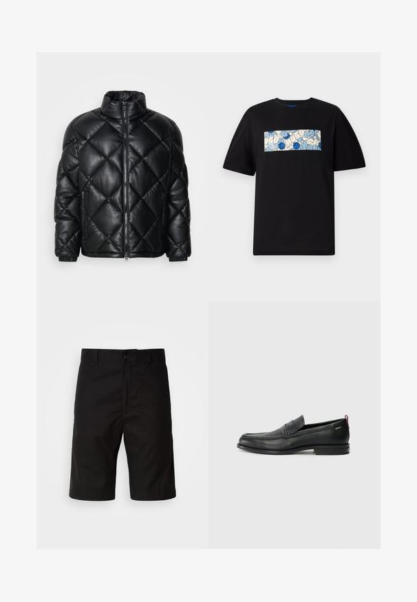 Mustat tikattu pusakka, jossa on korkea kaulus, etuvetoketju ja vetskarilla varustetut sivutaskut. Valmistettu sileästä kiiltävästä materiaalista.; Mustat puuvillateepaidat, joissa on suorakaiteen muotoinen grafiikka sinisen ja kermaisen värin sävyissä, ympyräkuvioita ja doodleja. Suunniteltu rentoon istuvuuteen.; Mustat shortsit, jotka on valmistettu tiheästä kankaasta, suoran leikkauksen omaavat, napilla suljettavat ja sileäpintaiset ilman näkyviä kuvioita.; Musta nahkakengät, joissa on teksturoitu etupaneeli ja sileät sivut. Varustettu kapealla kantapäillä ja takasilmukalla helppoa pukemista varten. Klassinen muotoilu.