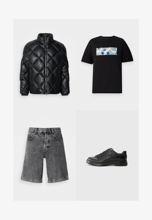 Juodas kvadratinis pūkų paltas su aukštu apykakle, priekiniais užtrauktukais ir užtrauktukinėmis šoninėmis kišenėmis, pagamintas iš lygaus blizgaus medžiagos.; Juodas medvilninis marškinėliai su stačiakampiu grafiniu piešiniu mėlyna ir kreminėmis spalvomis, papuoštas apvaliais raštais ir piešiniais, skirtas laisvam prigludimui.; Juodos džinsinės šortai su laisvu siluetu, vidutinio aukščio juosmeniu, penkiomis kišenėmis ir nusidėvėjusiu kraštu, pagaminti iš tekstūruotos medžiagos su subtiliu nusitrynusiu raštu.; Juodos odinės sportinės bateliai su tekstūruota viršutine dalimi, paminkštinta apykakle ir raudonu logotipo akcentu. Yra storas guminis padas su išskirtiniu protektoriaus raštu.